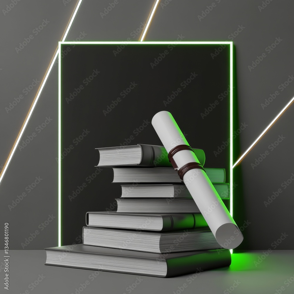 Poster Academic Achievement: Stack of Books and Diploma Scroll with a Glowing Neon Frame Backdrop 