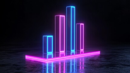 A digital bar graph illuminated in neon blue and pink against a dark background, showcasing modern data visualization for tech and business applications.