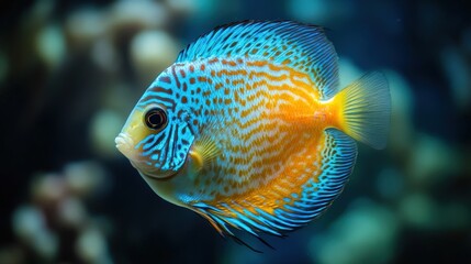 Obraz premium A vibrant ornamental fish swims gracefully through deep aquatic waters