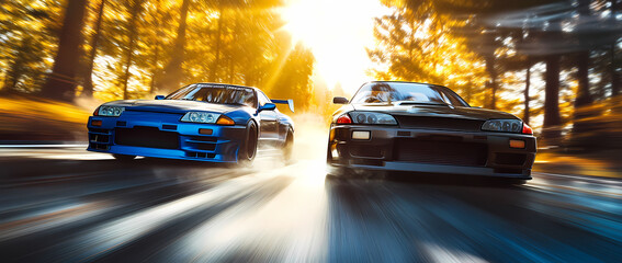 Fototapeta premium Speed Demons: Two sleek racing cars tear through a sun-drenched forest, capturing the thrill of speed and competition.