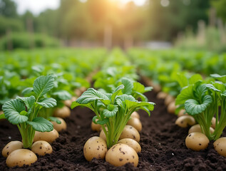 Lush green potato plants thriving in neat garden beds, creating a scenic backdrop for homestead farming, organic agriculture, and self-sufficiency.