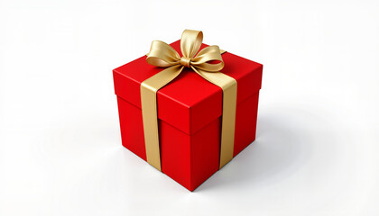 Fototapeta premium Elegant red gift box with golden ribbon on white background, celebration
