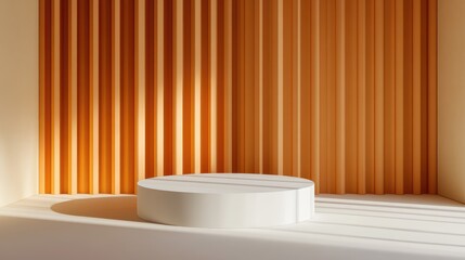Minimalist studio setting featuring a circular pedestal on a warm-toned backdrop with vertical lines and soft shadows