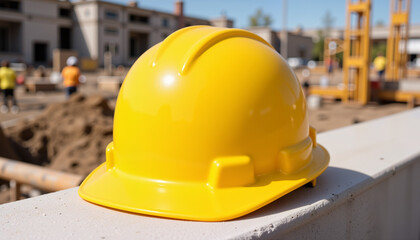 Bright yellow hard hat on concrete block at construction site, safety gear