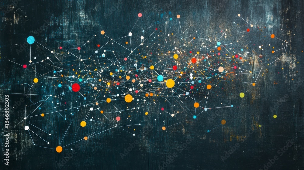 Poster Abstract network connection visualization with colorful nodes and lines on a dark textured background.