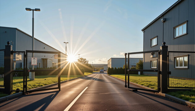 Bright factory entrance with security gates at sunset, industrial readiness
