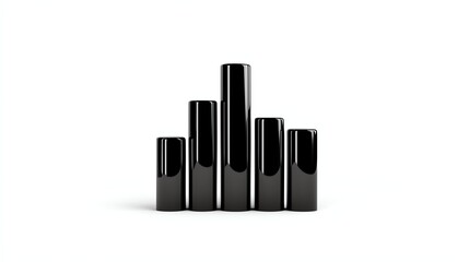 Stylish black cylindrical shapes arranged in a bar graph style, representing data visualization, finance, or statistical analysis, on a clean white isolated background.