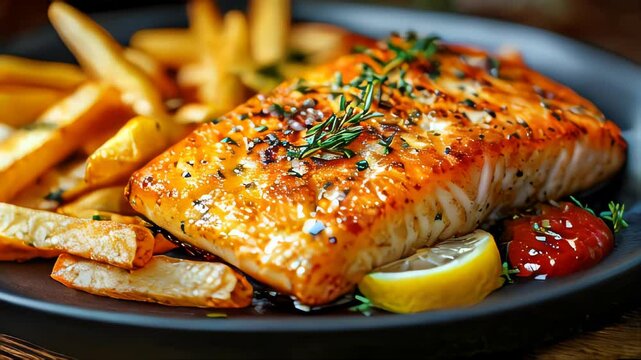 A crispy breaded fish fillet served with golden French fries, garnished with fresh herbs and lemon slices