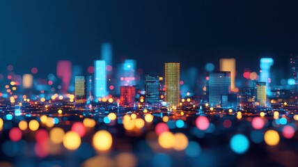 A shattered holographic cityscape showing industries disrupted by glowing technology nodes, dark futuristic tones, vibrant highlights. , closes up