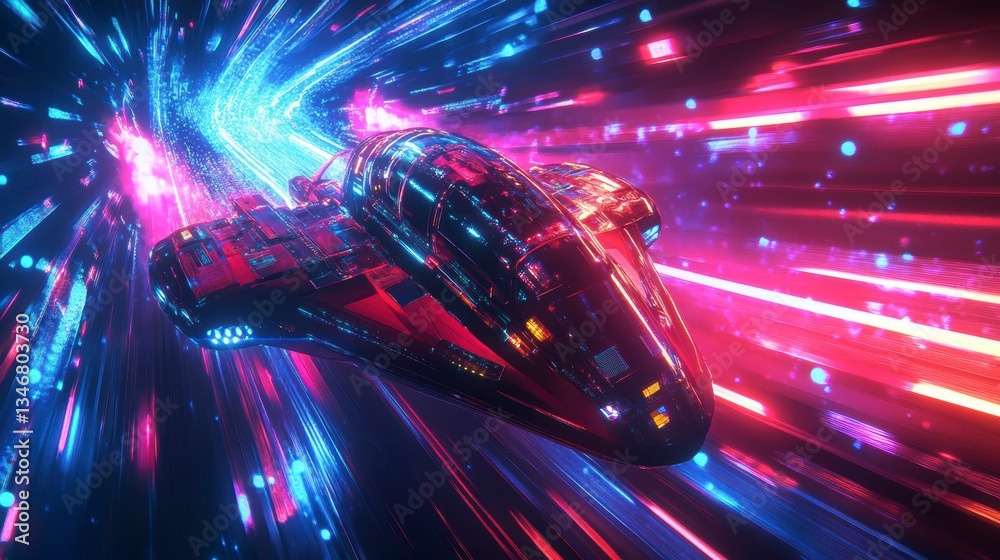 Poster futuristic spaceship speeding through vibrant neon light trails in hyperspace.