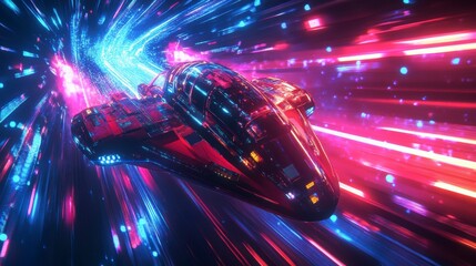 Futuristic spaceship speeding through vibrant neon light trails in hyperspace.
