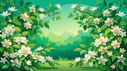 Beautiful spring border, blooming jasmine bush on a green background. Soft selective focus;
