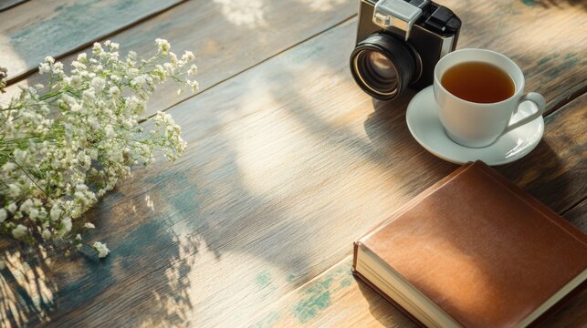 Rustic still life with camera, tea, flowers, and book on wooden table