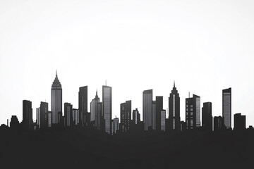 Naklejka premium A black-and-white city skyline with distinct skyscrapers and buildings, reflected symmetrically in a water-like surface, offering a bold and modern aesthetic.