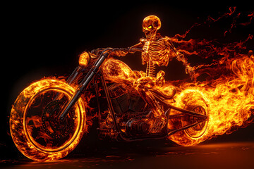 Flaming Rider: A skeletal figure rides a flaming motorcycle with the fiery glow of hellfire, evoking a sense of supernatural power, speed, and rebellion.