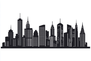 Naklejka premium A black-and-white city skyline with distinct skyscrapers and buildings, reflected symmetrically in a water-like surface, offering a bold and modern aesthetic.