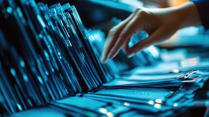 A person organizing a collection of files in a dimly lit office, highlighting the importance of document management