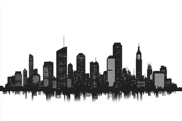 Fototapeta premium A black-and-white city skyline with distinct skyscrapers and buildings, reflected symmetrically in a water-like surface, offering a bold and modern aesthetic.