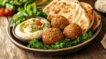 A plate of delicious falafel hummus and pita bread arrangement