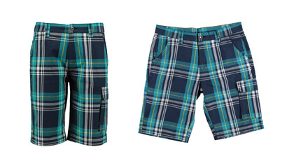 Men's checkered blue shorts with pockets. Knee-length shorts. Photo on a mannequin without a model. Isolated image on a white background. Nobody.  Photo on a mannequin without a model.