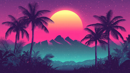 Synthwave Sunset Tropical Landscape