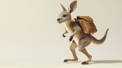 Cute cartoon kangaroo with backpack on beige background. Back to School, School Season, First Day of School - Education Supplies, Academic Year Beginning