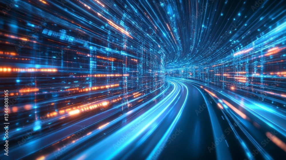 Aufkleber abstract digital data highway, glowing blue and orange light trails in a tunnel, representing fast s