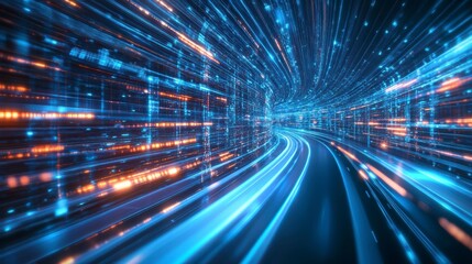 Fototapeta premium Abstract digital data highway, glowing blue and orange light trails in a tunnel, representing fast speed and technological advancement.