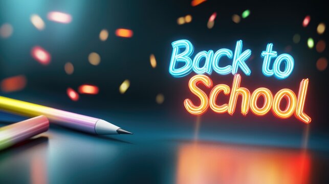 Back to school neon design with pencils and colorful bokeh lights. Back to School, School Season, First Day of School - Education Supplies, Academic Year Beginning