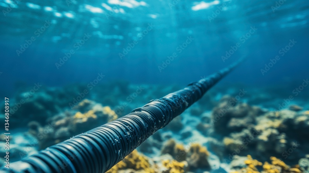 Poster Underwater close-up of a long, cylindrical object extending into the ocean, coral reef in the background.