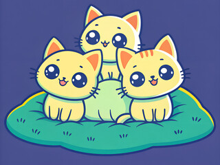 Three cute, Japanese Kawaii cats on a green cushion.