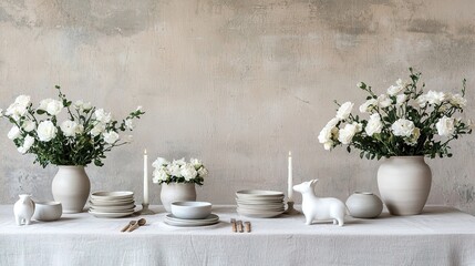 Eclectic artistic table setup with animal figurines modern home table decor minimalist environment aesthetic viewpoint