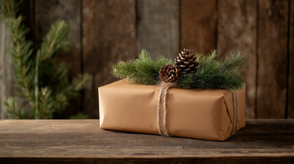 christmas gift box with christmas tree on wooden background