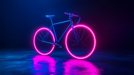 Fototapeta premium Neon Bike Ride: A striking neon bike stands out against a dark backdrop, with bright lights, perfect for sports & transportation.