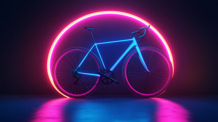 Neon Bicycle: A sleek, blue bicycle stands dramatically within a vibrant pink and blue neon circle, creating a futuristic and stylish image perfect for design projects.
