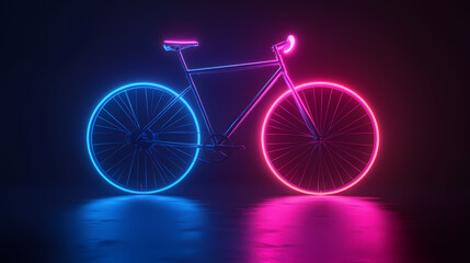 Fototapeta premium Neon Bike Glow: A futuristic and vibrant bike is illuminated by contrasting neon blue and pink lights, creating a striking visual that combines technology and sport.