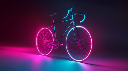 Fototapeta premium Neon Bicycle: A sleek bicycle is showcased against a dark backdrop, its form accentuated by vibrant neon lighting. The dynamic illumination outlines the frame, wheels, and handlebars.