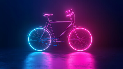 Fototapeta premium Neon Bicycle: A stunning neon-lit bicycle glows in a studio setting, creating a vibrant and dynamic image. The interplay of light and form showcases the sleek design of the cycle.