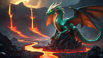 A Legendary Dragon&rsquo;s Lair in a Fiery Volcanic Crater with Molten Lava Rivers