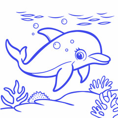 Naklejka premium Cartoon Dolphin with a Friendly Mood Swimming Underwater Against a Coral Reef Background