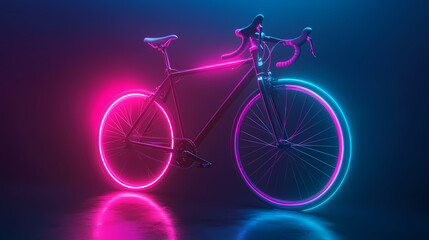 Fototapeta premium Neon-lit Bicycle: A vibrant bicycle, illuminated by radiant neon lights in hues of pink and blue, presents a futuristic blend of technology and design.