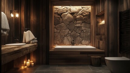 Cozy Rustic Bathroom with Stone Wall and Ambient Lighting