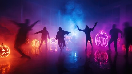 Silhouetted halloween dance party with pumpkins and neon lights. Halloween, All Hallows Eve, Samhain - Spooky Holiday Season, Fall Festival Celebration