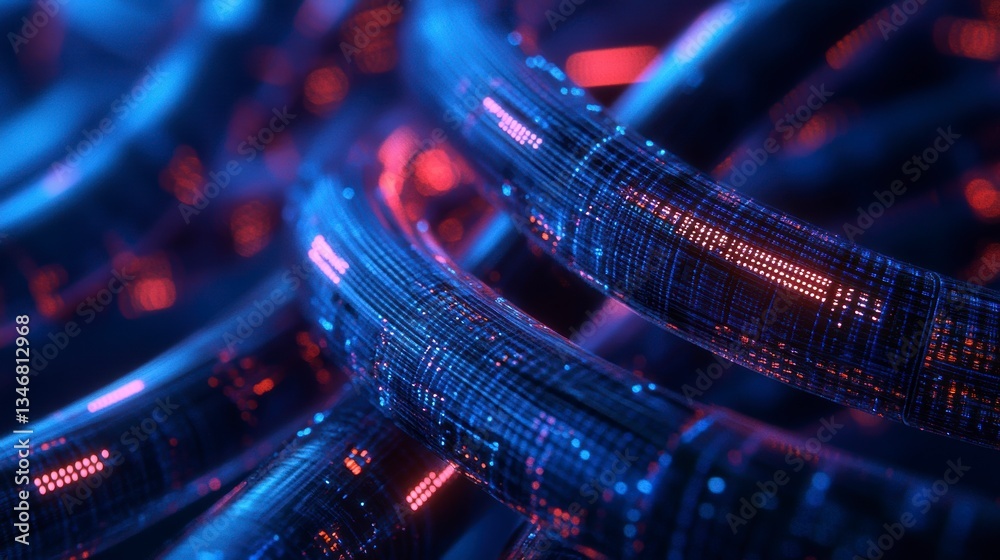 Aufkleber abstract glowing blue and red digital cables with data streams.