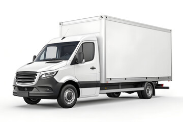 A white delivery truck with a boxy cargo area and black accents
