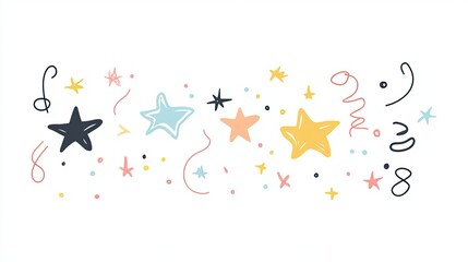 Fototapeta premium Playful doodle stars and confetti illustration, colorful decorative elements for festive and creative designs