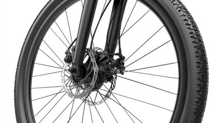 Close-up view of a mountain bike front wheel showcasing the disc brake and tire tread on a white background