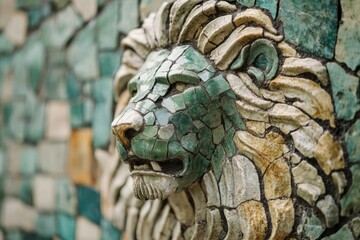 A mosaic lion's head, crafted from green and beige tiles, shows age and detail.