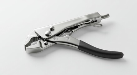 Silver Locking Pliers With Black Grip On White Background