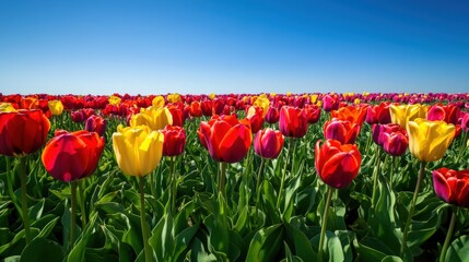 A vast field displays numerous colorful tulips under a blue sky